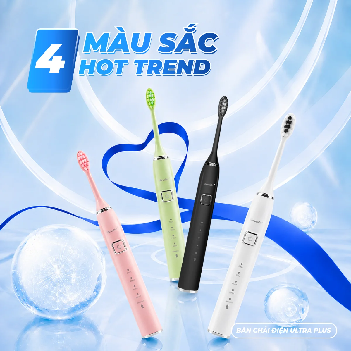Brushie Ultra Plus với 4 màu hồng, xanh, đen, trắng