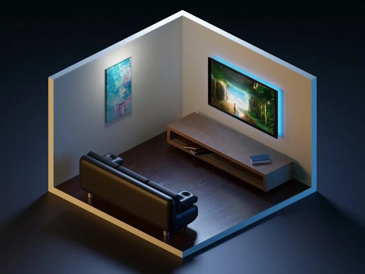 Căn phòng isometric dựng trong Blender, có sofa, kệ tivi và đèn LED xanh sau màn hình