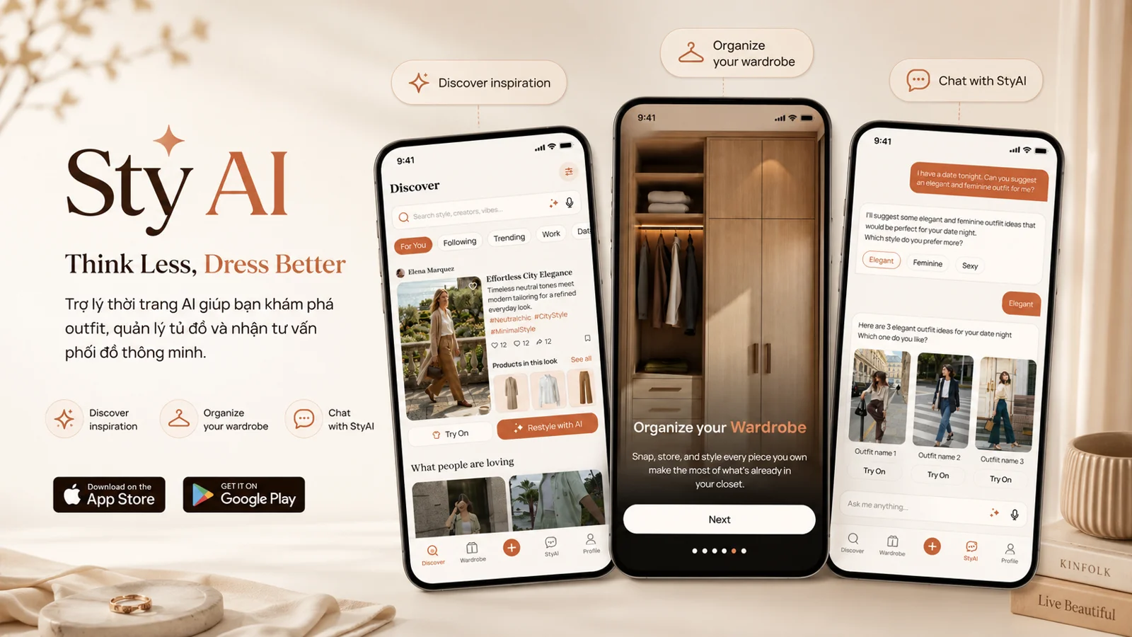 Ứng dụng Sty AI với ba màn hình khám phá, tủ đồ và trò chuyện